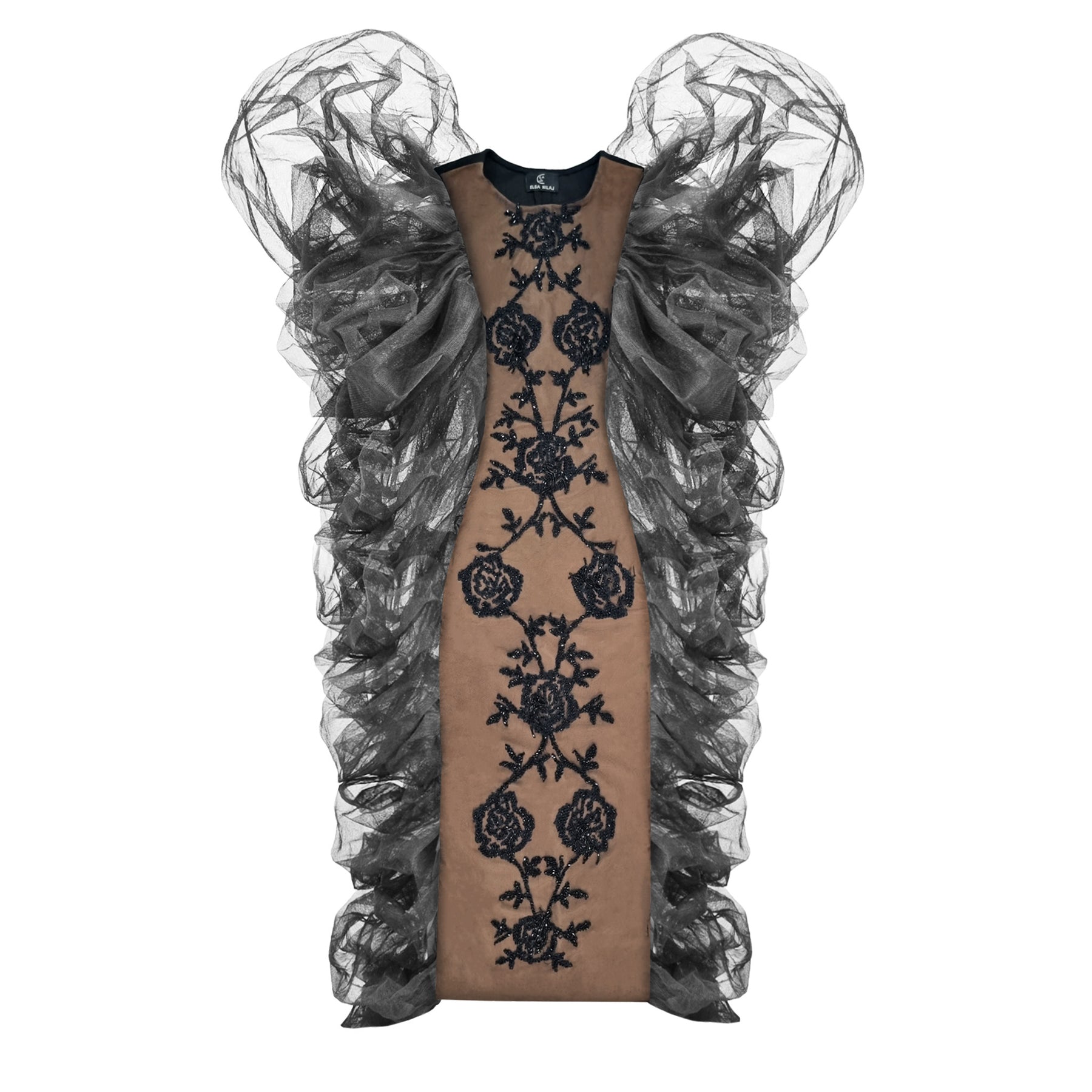 Black Rose Embroidered Tulle Statement Gown