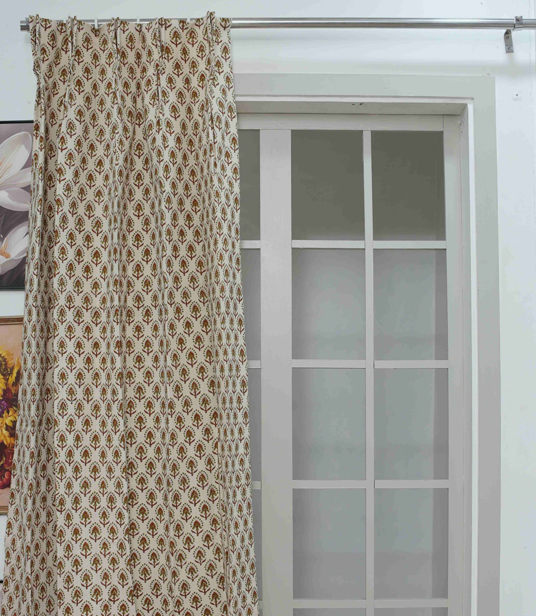 Handmade Block Print Cotton Curtain Gurukul Red & Green, Semi Sheer Window Drapes