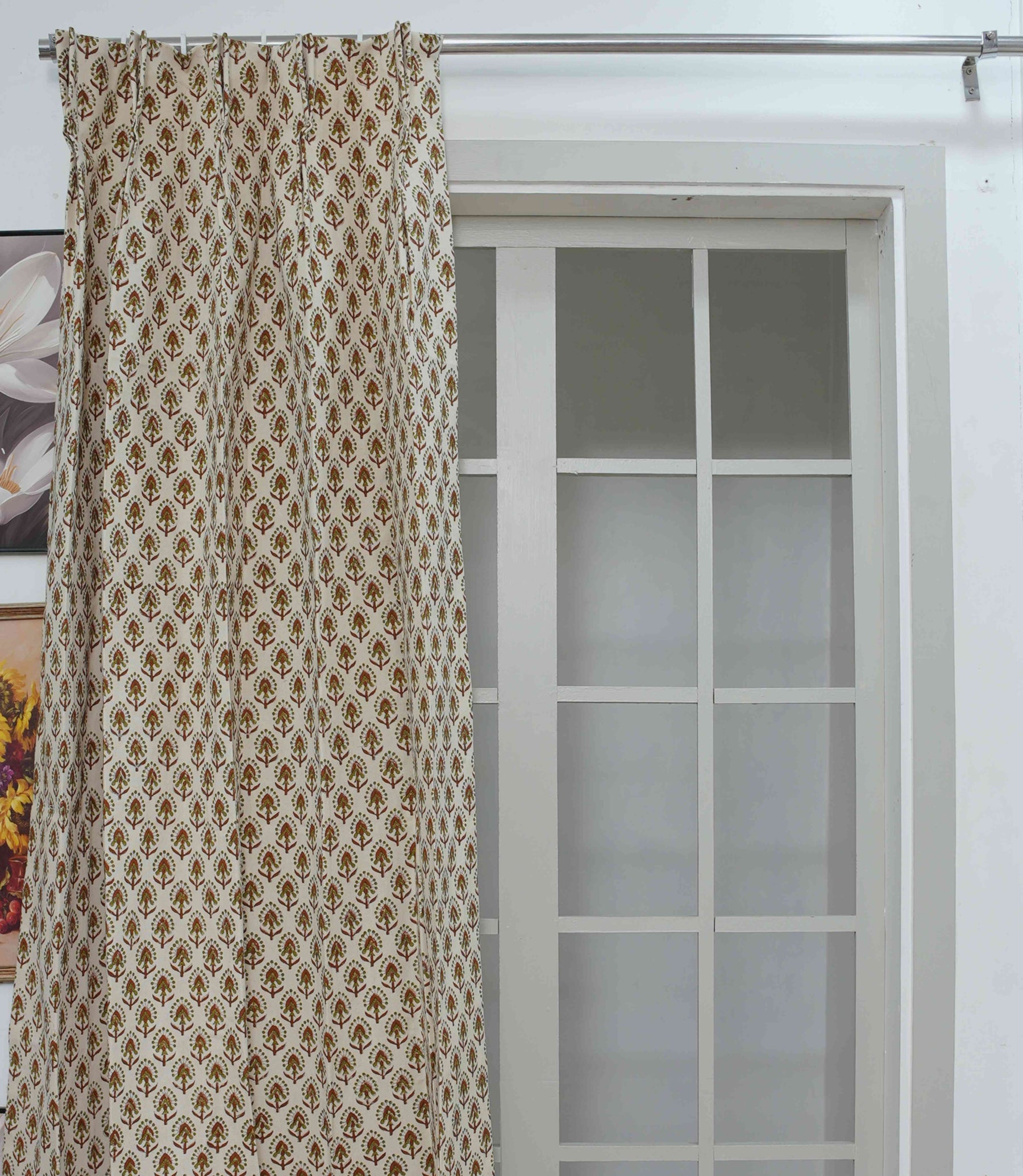 Handmade Block Print Cotton Curtain Gurukul Red & Green, Semi Sheer Window Drapes