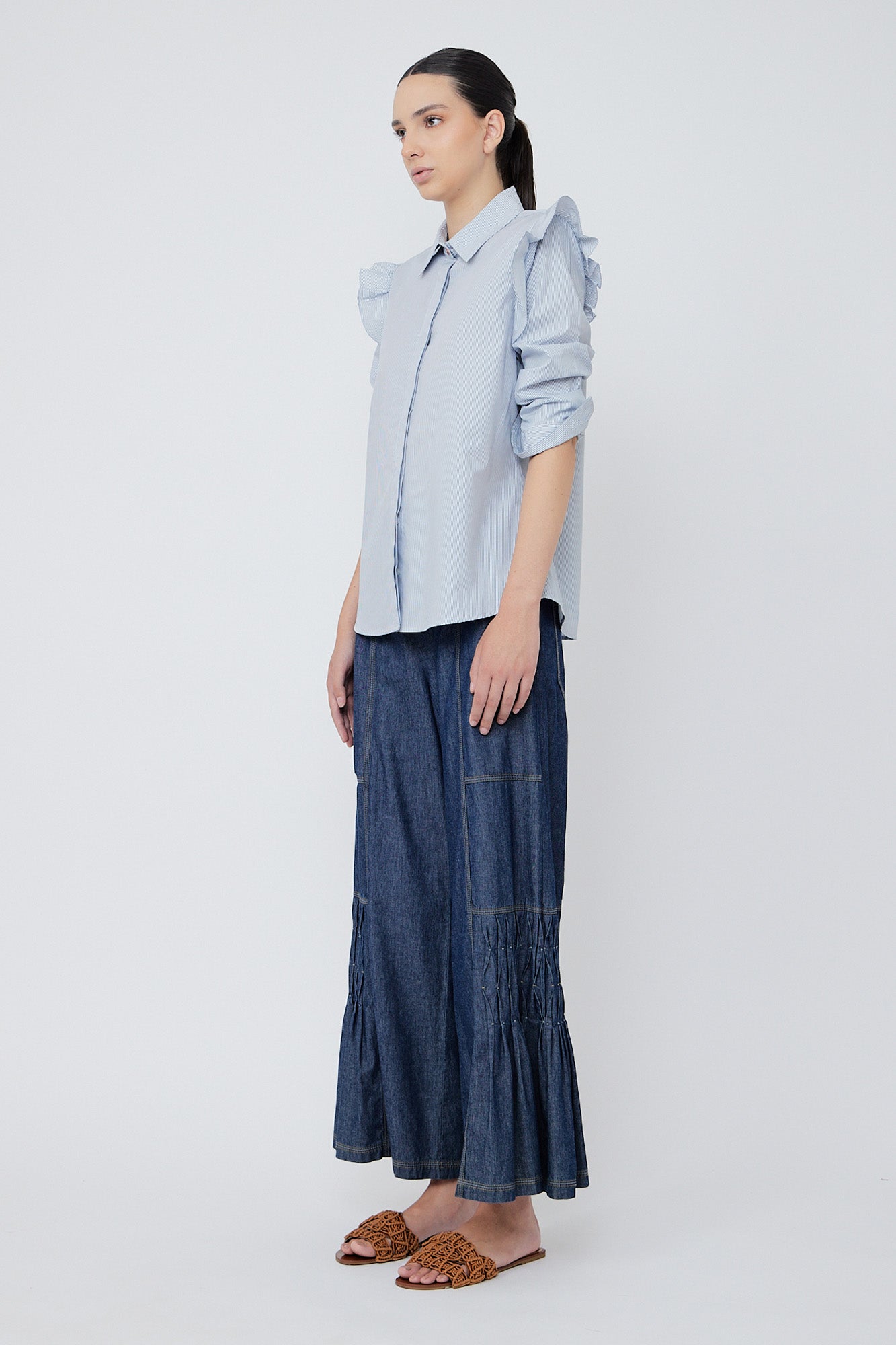 Bobi Ruffle Detail Striped Blouse