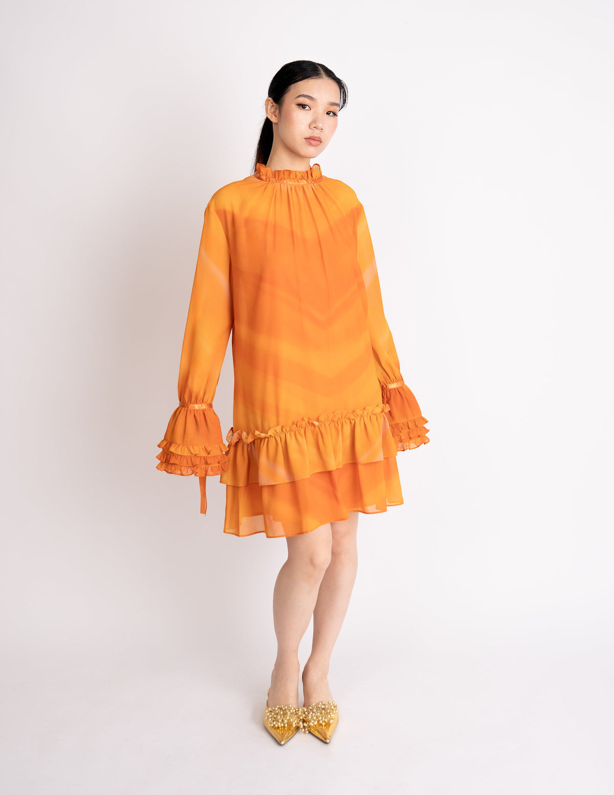 Ruffle Neck & Tiered Hem Mini Dress – Sunset Ember
