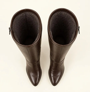 Dark Brown Leather Knee-High Boots with Block Heels