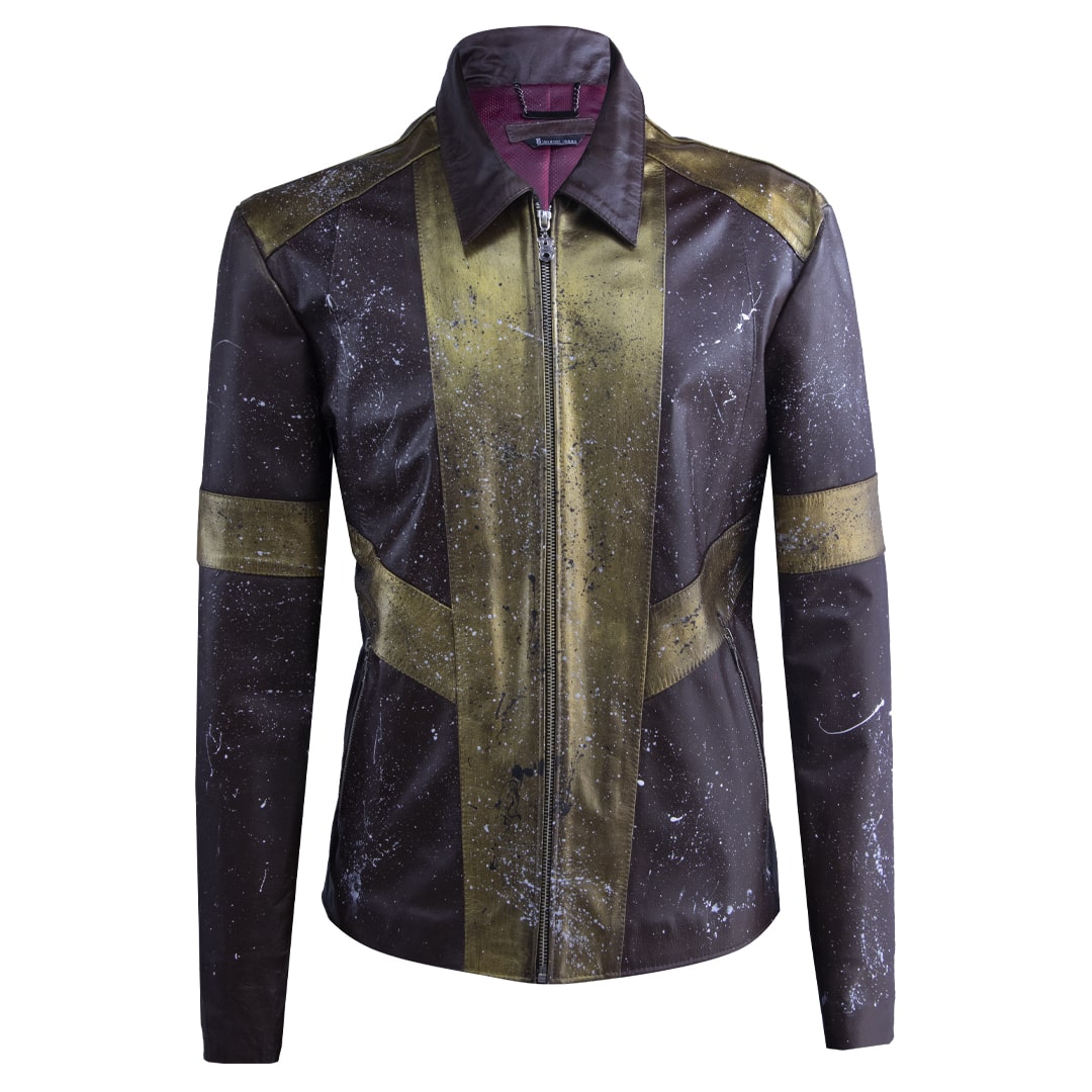 Brown leather jacket with gold details