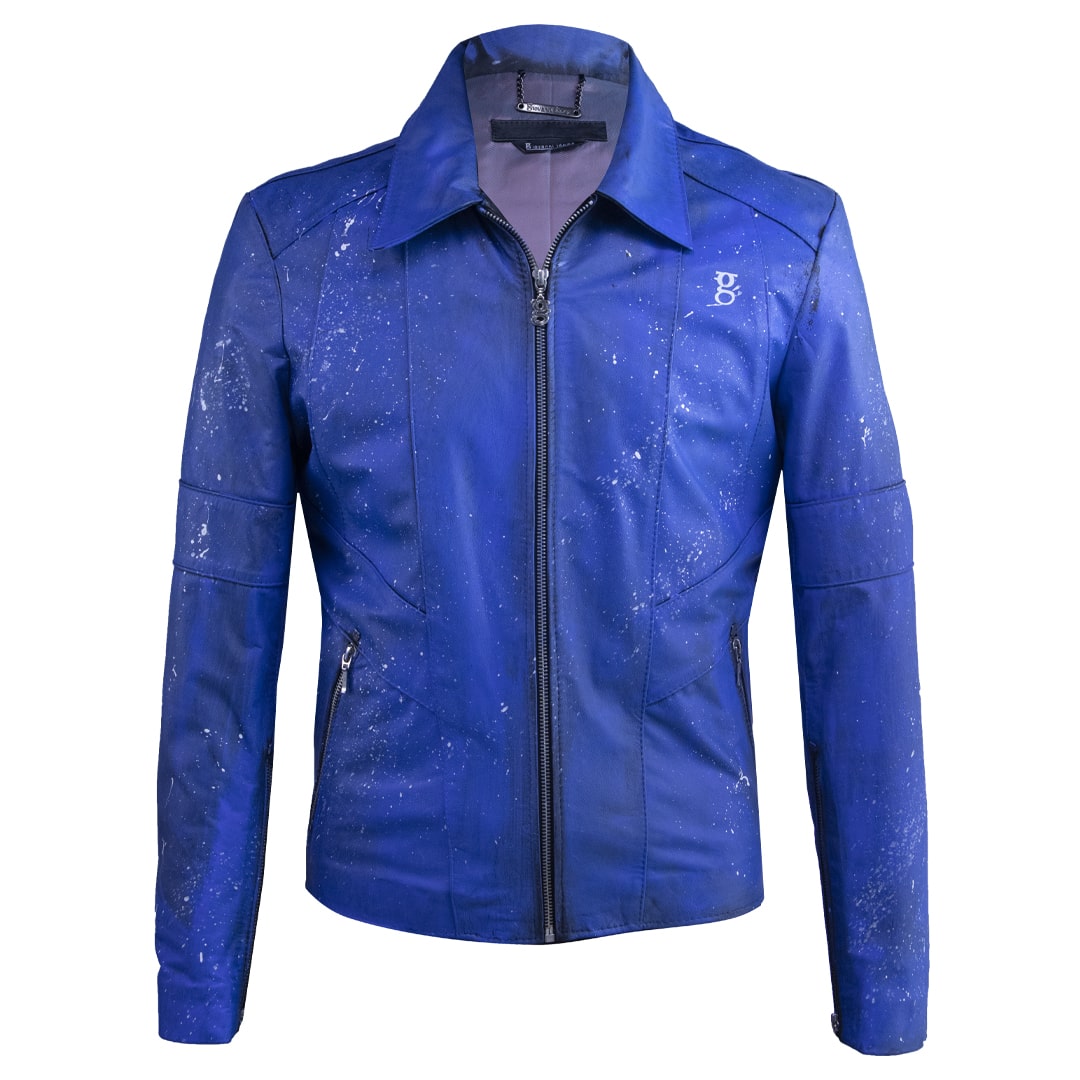 Vibrant blue leather jacket with paint splatter details