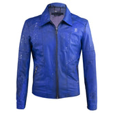 Vibrant blue leather jacket with paint splatter details
