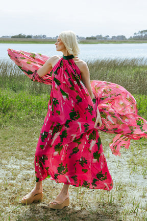 Pink Green Wall Splash Gathered Maxi Dress