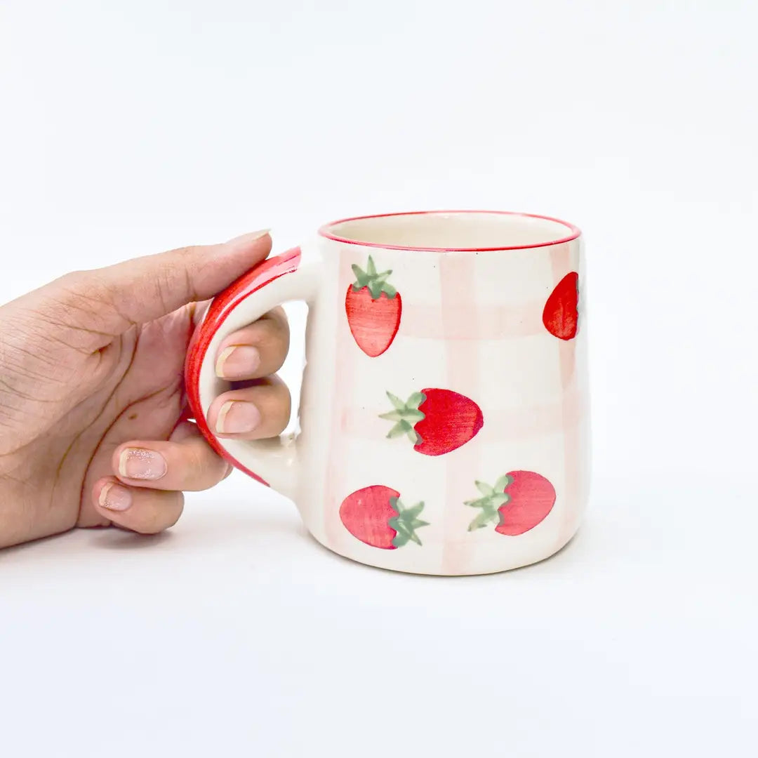 Strawberry Checkered Delight Ceramic Mug - 3.5 x 3 Inches