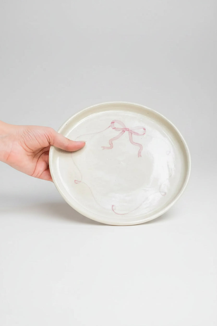 Ceramic Side Dessert Cake Plate - Pink Bow ( Set Of 2 ) , 7 Inches