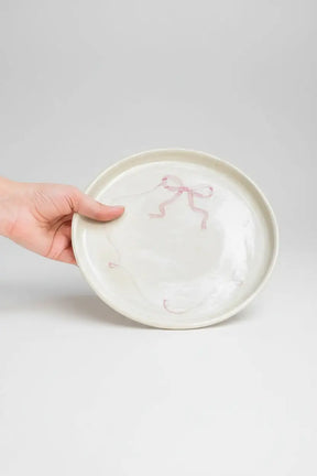 Ceramic Side Dessert Cake Plate - Pink Bow ( Set Of 2 ) , 7 Inches