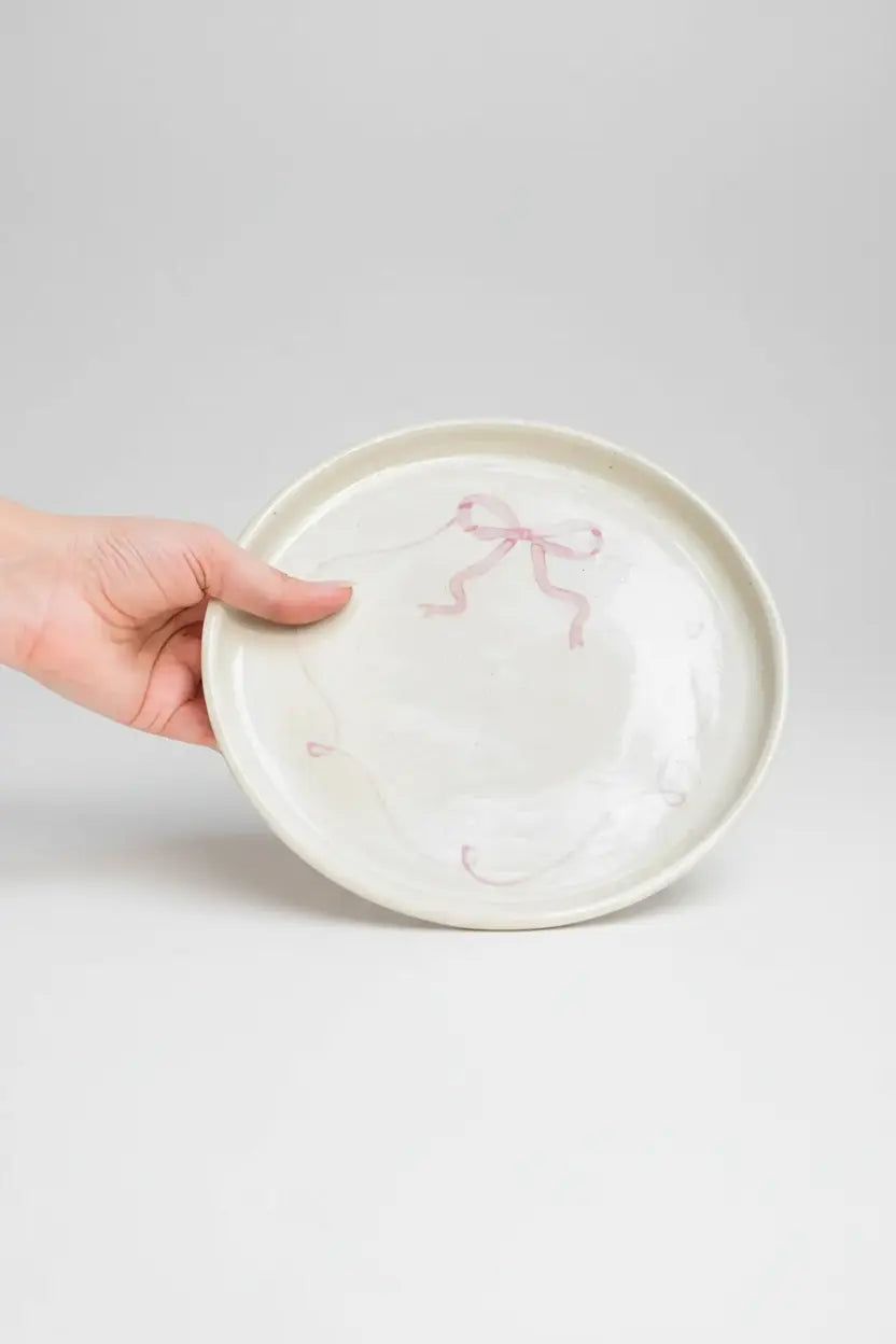 Ceramic Side Dessert Cake Plate - Pink Bow ( Set Of 2 ) , 7 Inches
