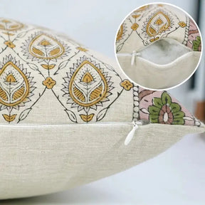 Natural Block Print Linen Blend Pillow Cover - Paan Patti Border