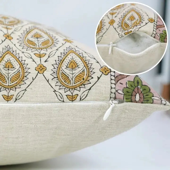 Natural Block Print Linen Blend Pillow Cover - Paan Patti Border