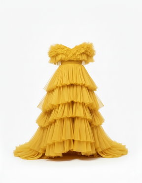 Aurelia Golden Tiered Tulle Off-the shoulder Gown