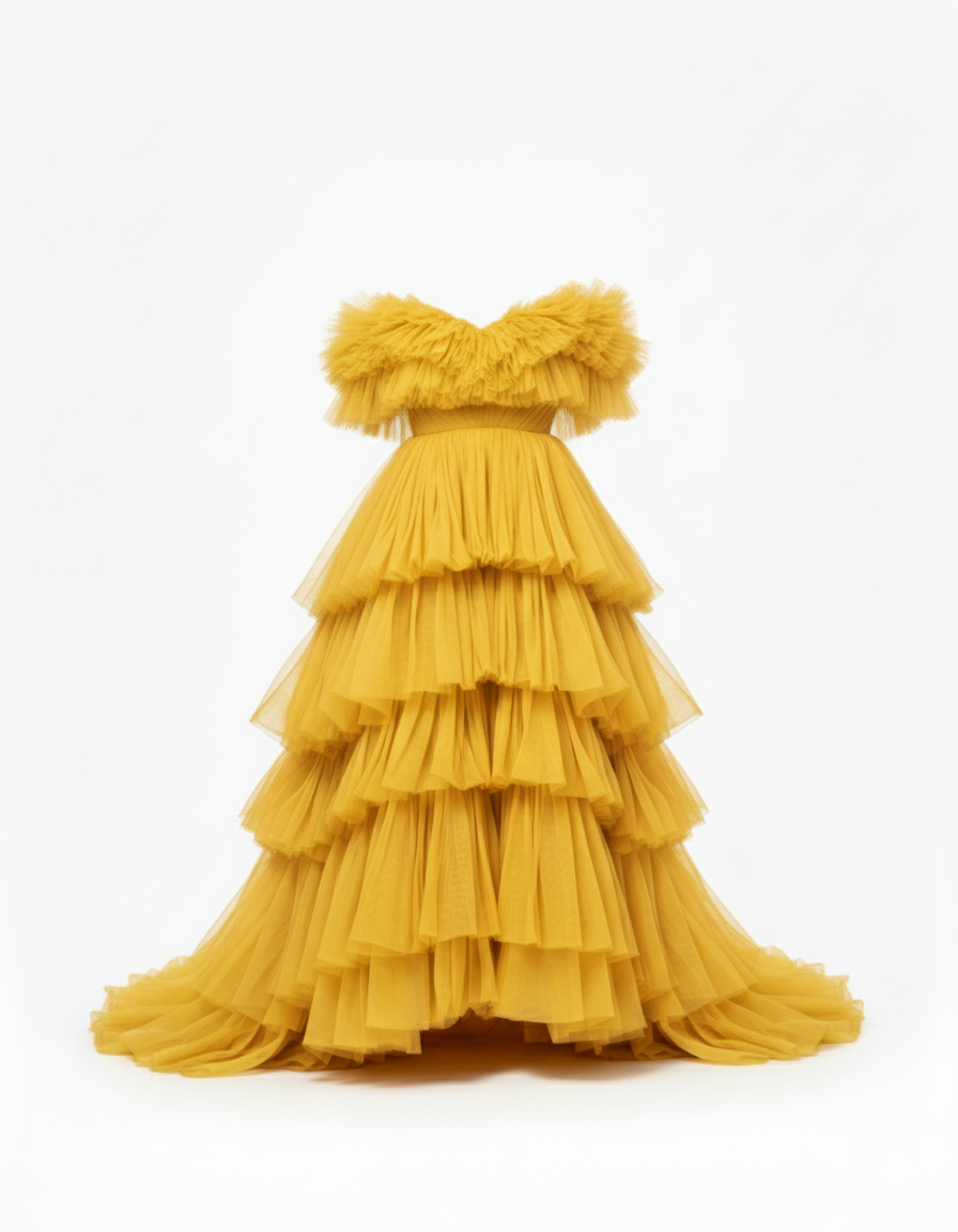 Aurelia Golden Tiered Tulle Off-the shoulder Gown