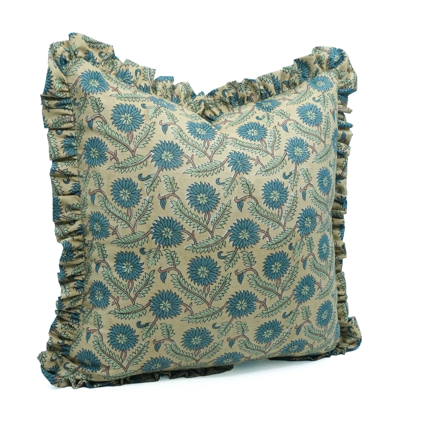 Handmade Blue Floral Block Print Linen Blend Pillow Cover - Swarna