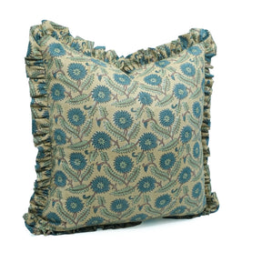 Handmade Blue Floral Block Print Linen Blend Pillow Cover - Swarna