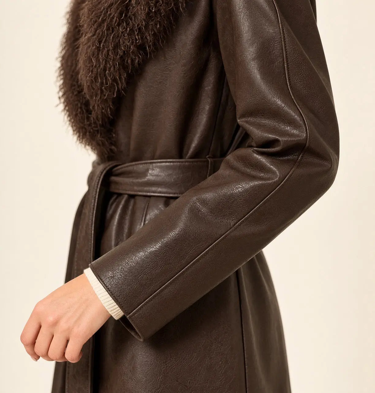 LeDark Brown Leather Trench Coat with Faux Fur Collarather