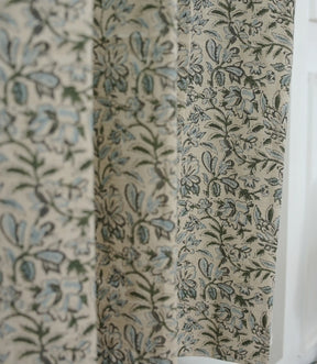Handcrafted Floral Block Print Pleated Gray Linen Blend Ring Curtain - Semi Seer Qudrat