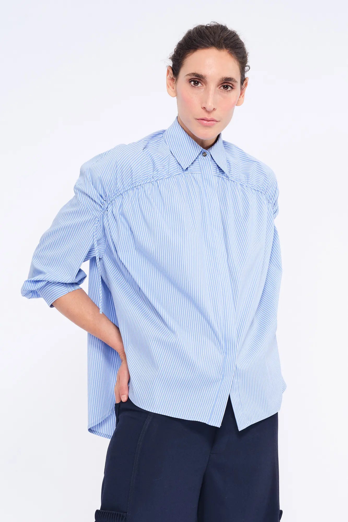 Star Gathered Shoulder Blouse | Striped Light Blue