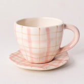 Handmade Cute Ceramic mug & Coaster Set - Plaid, 2.5 Inches