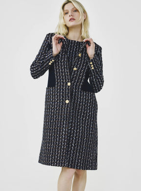 Paneled No-Collar Tweed Coat