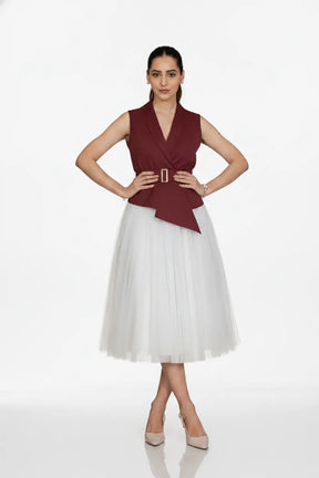 Ivory Skirt & Wine Waist Coat – Classic Contrast