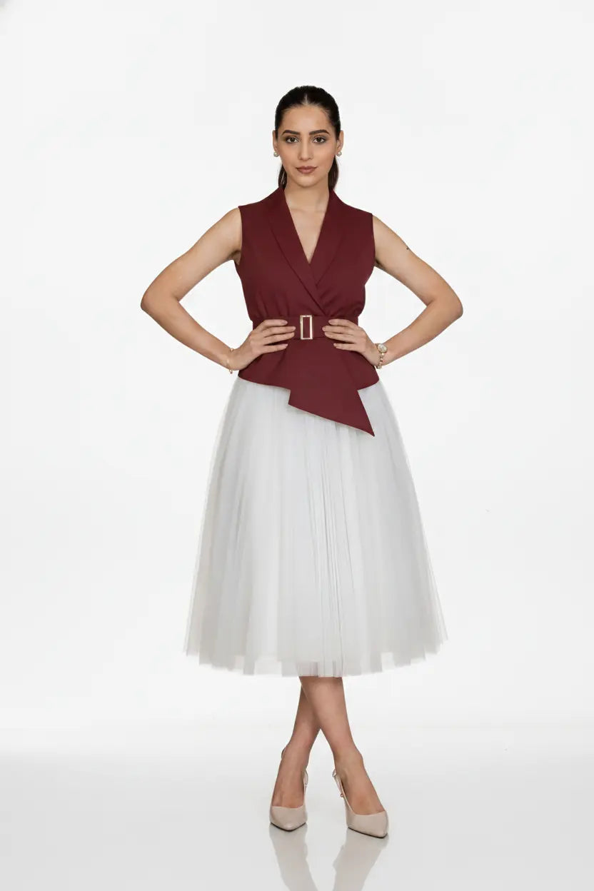 Ivory Skirt & Wine Waist Coat – Classic Contrast