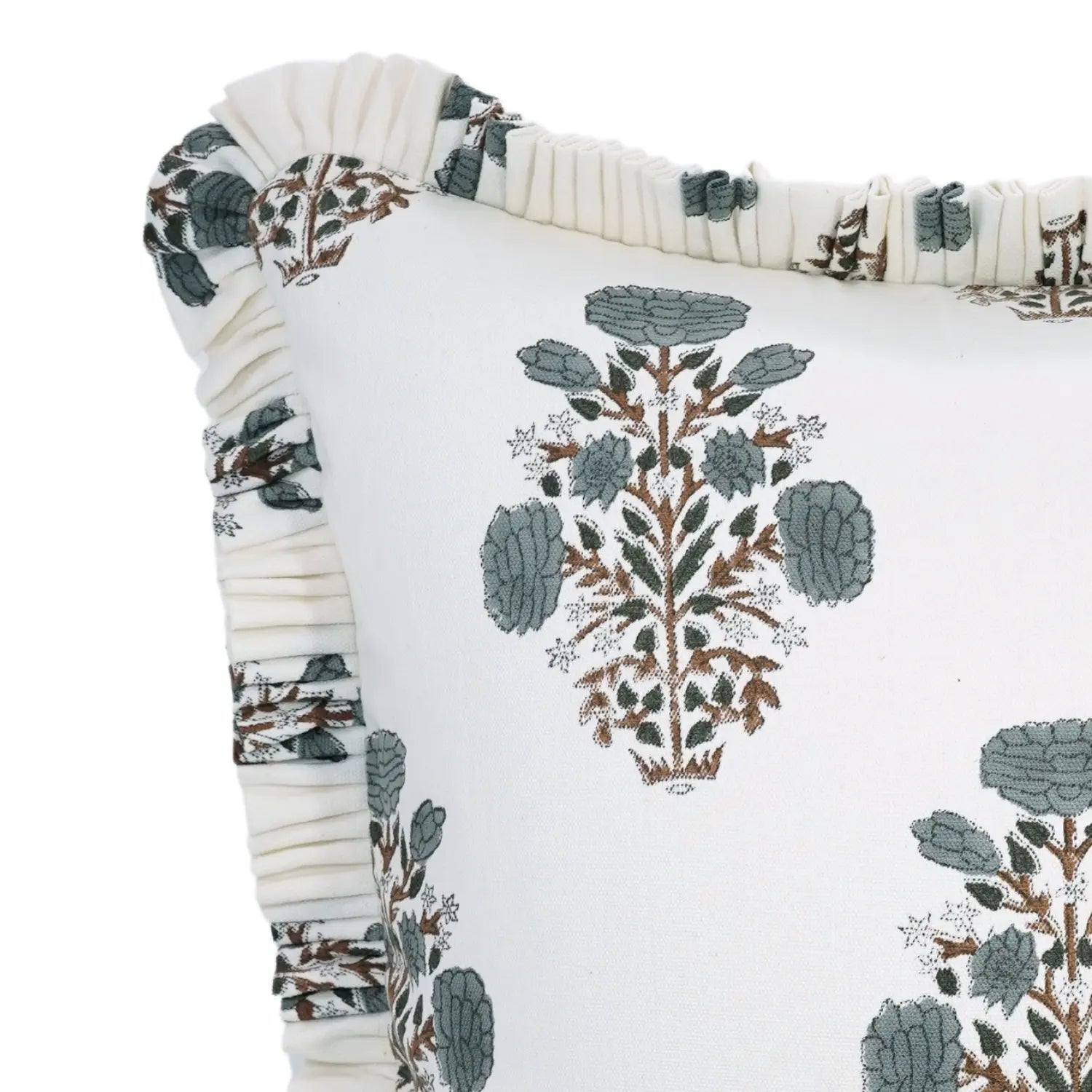 Designer Block Print Thick Cotton White Frill Pillow Cover - Swadesh