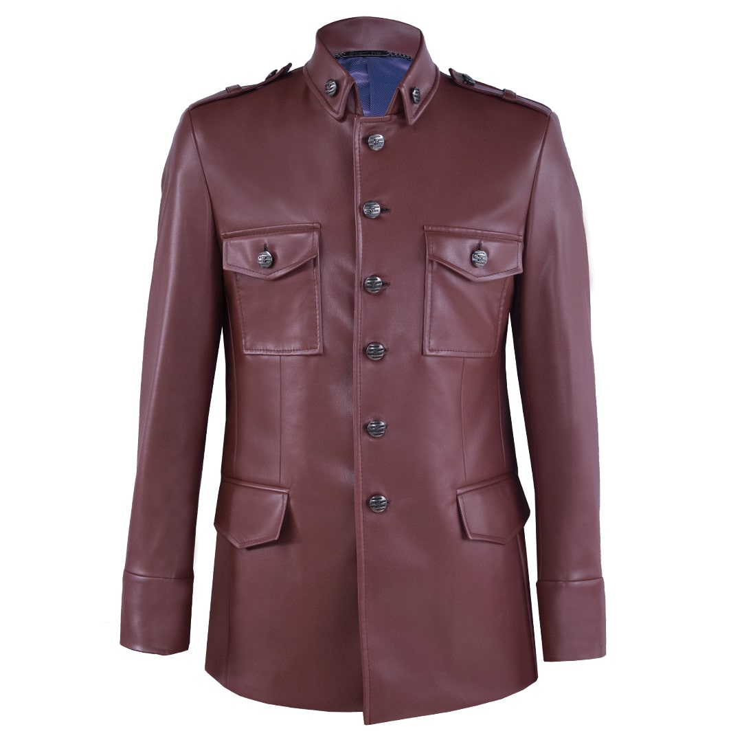 Wine-red synthetic leather military-style jacket