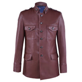 Wine-red synthetic leather military-style jacket