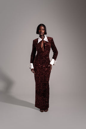 KALI Keyhole Sequin Maxi Dress in BRONZITE