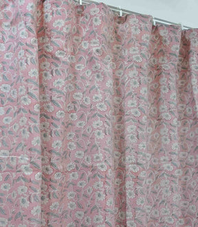 Floral Block Print Viscose Linen Curtain - Haridwar Gray and Pink Handcrafted Window Drape