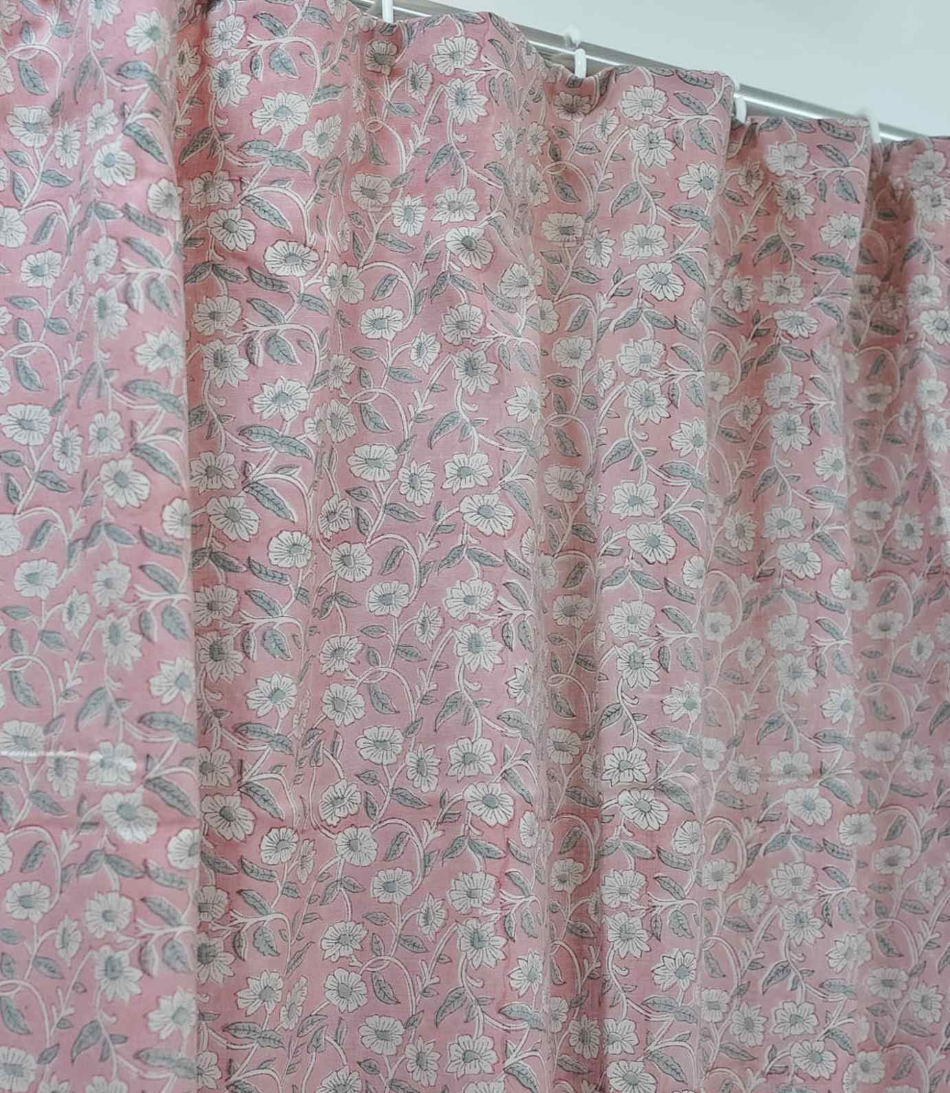Floral Block Print Viscose Linen Curtain - Haridwar Gray and Pink Handcrafted Window Drape