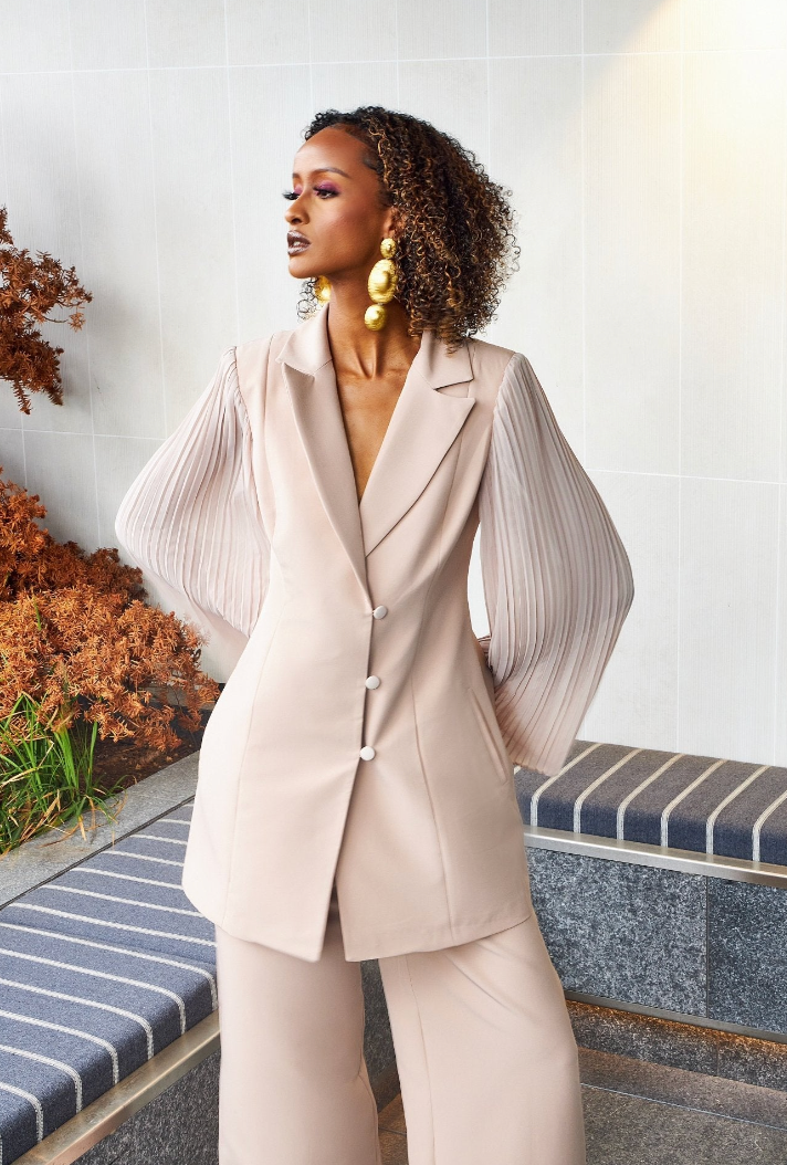 Pleated Sleeves Blazer Dress & Palazzo Wide Leg Trouser Suit