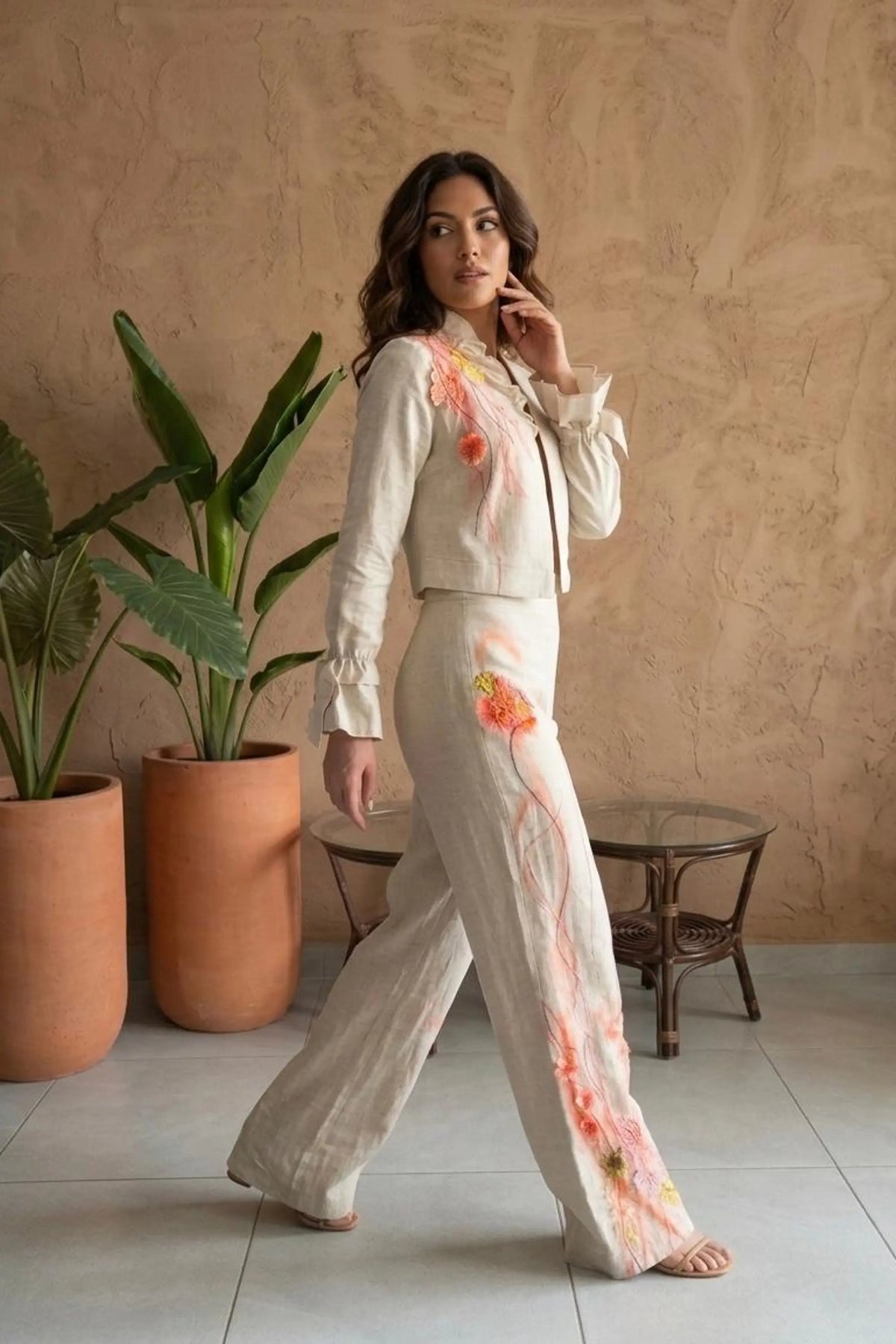 LINAJE Hand by PASALUMAC -Embroidered Linen Two-Piece Set – Cropped Jacket & Wide-Leg Trousers