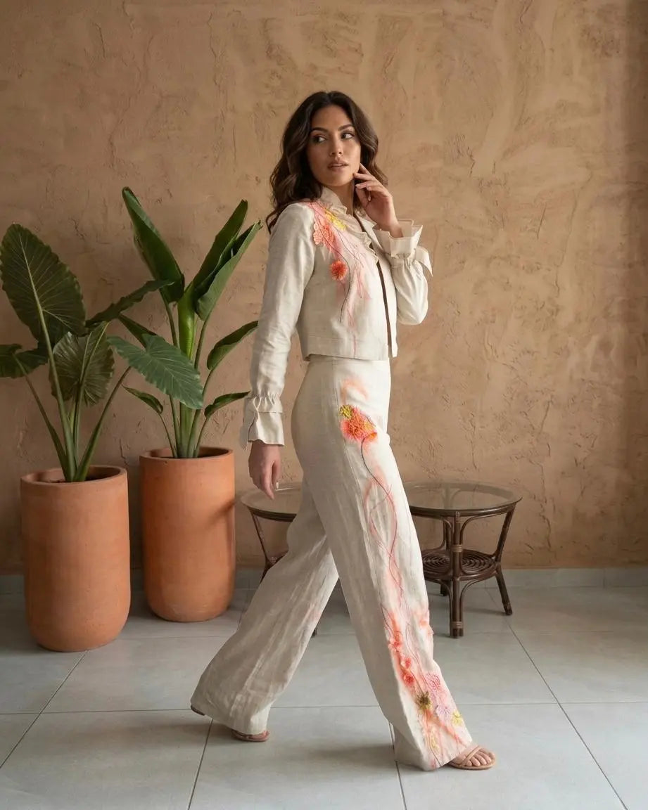 LINAJE - Hand-Embroidered Linen Jacket and Trousers Set