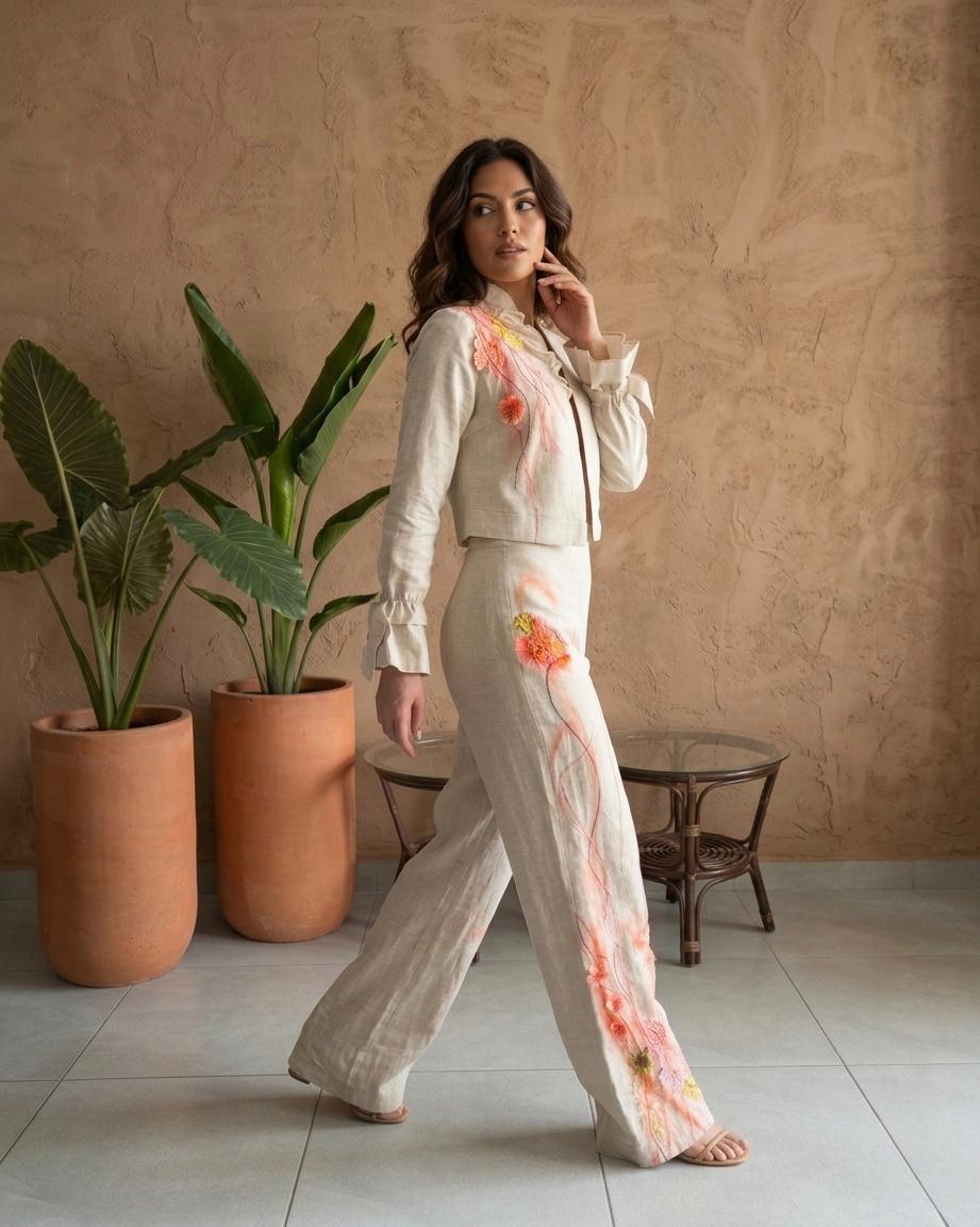 LINAJE - Hand-Embroidered Linen Jacket and Trousers Set