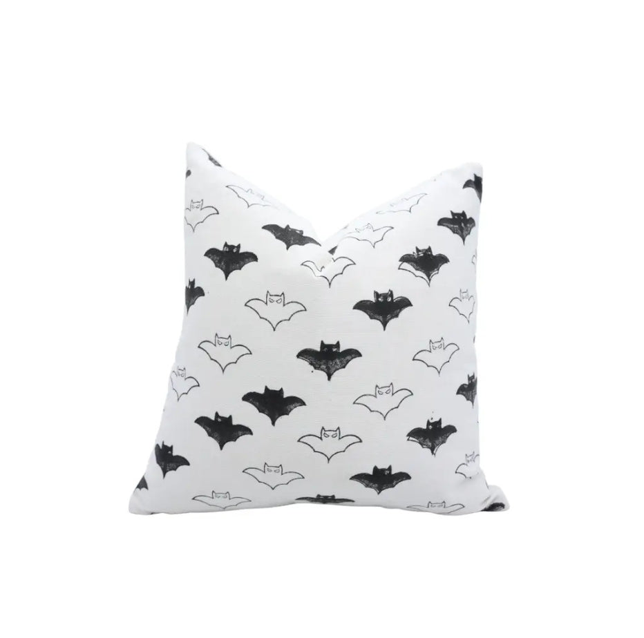 Hallowen Design  Handmade Block Print Thick Cotton White Pillow Cover - Bat