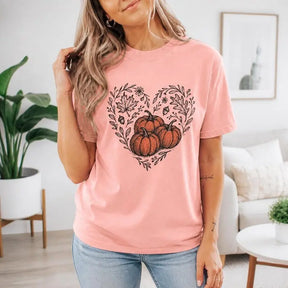 Autumn Pumpkin Heart Floral Graphic T-Shirt | Coral Pink Fall Harvest Cotton Tee