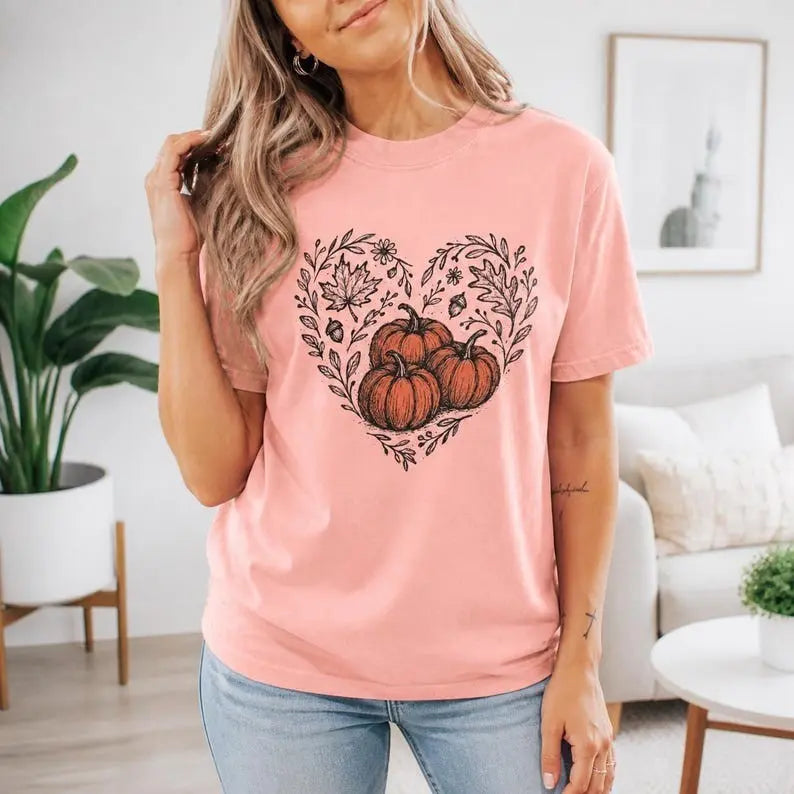 Autumn Pumpkin Heart Floral Graphic T-Shirt | Coral Pink Fall Harvest Cotton Tee