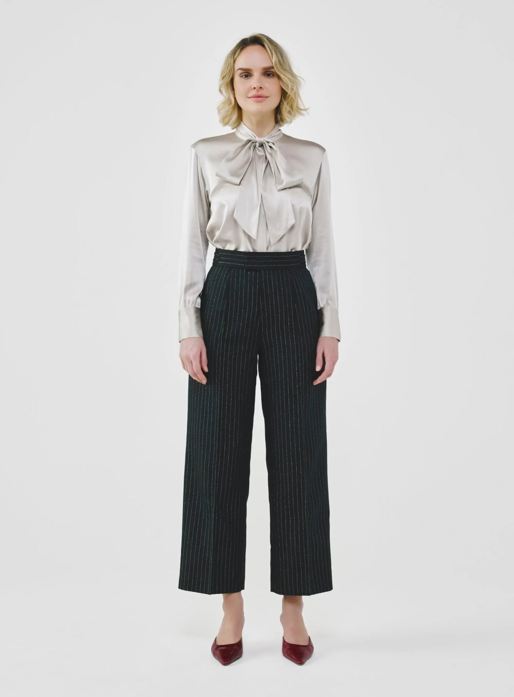 Pinstripe High-Waist Tailored Pants