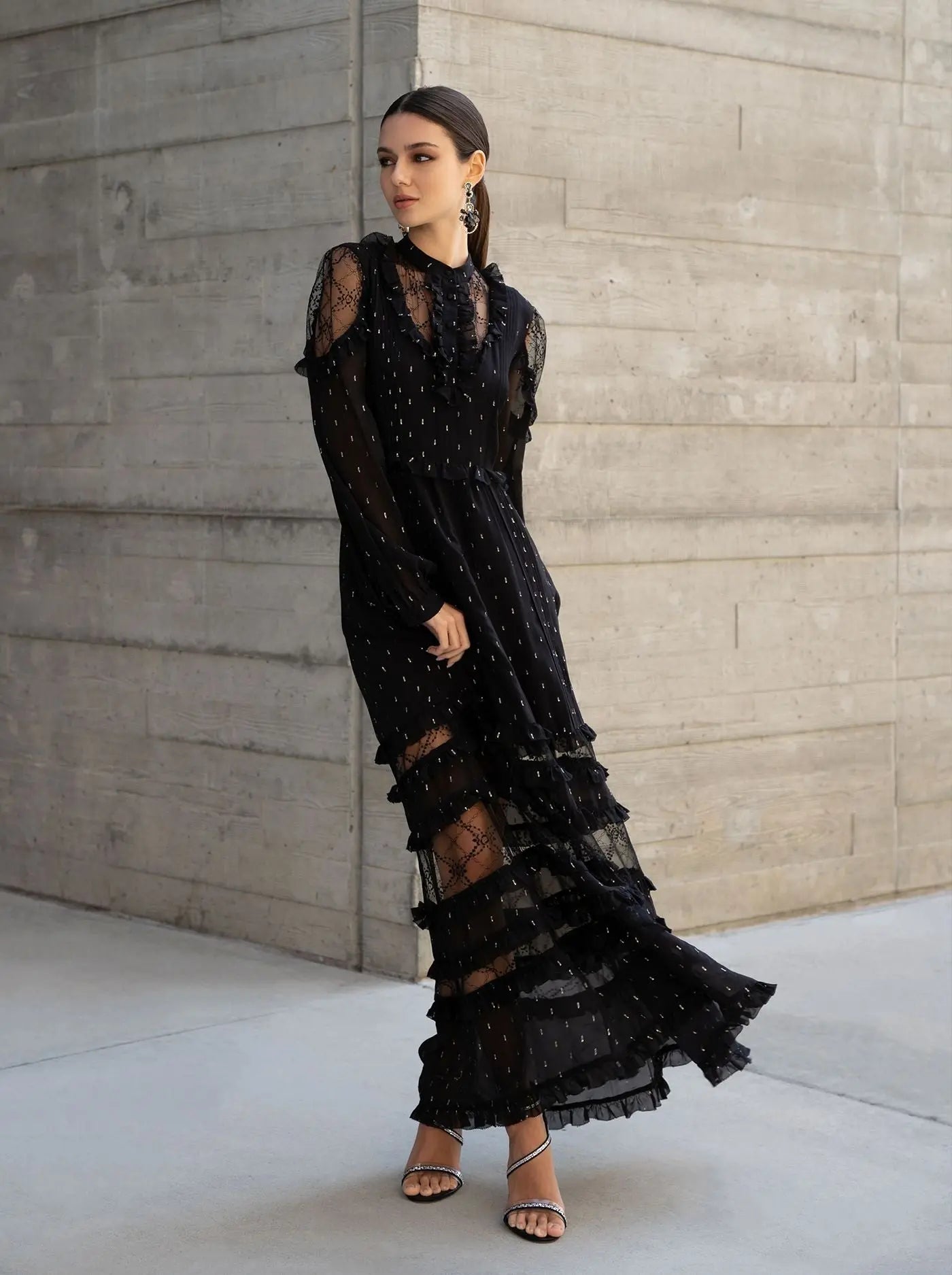 Solgo Metallic Silk Ruffle Maxi Dress