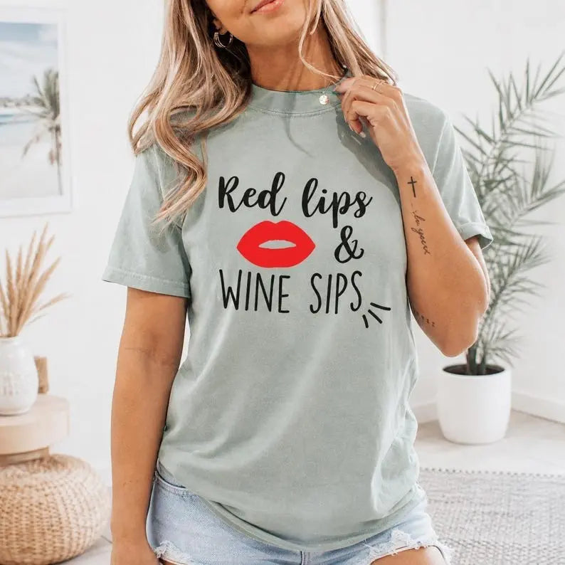 Red Lips & Wine Sips Graphic T-Shirt | Sage Green Wine Lover Cotton Tee