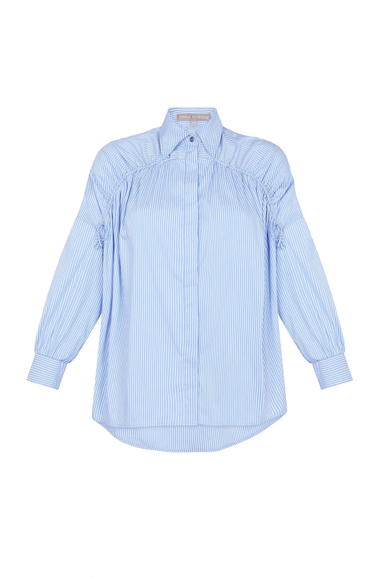 Star Gathered Shoulder Blouse | Striped Light Blue