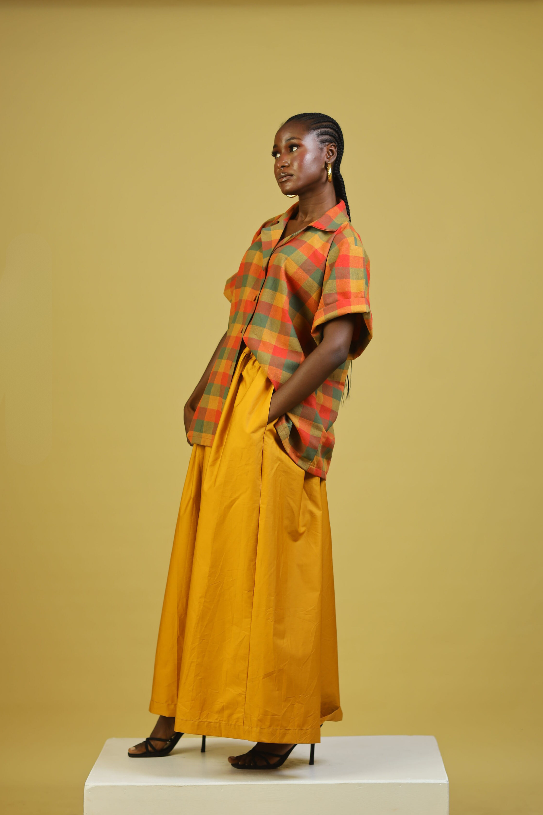 GINGHAM OVER SIZED COTTON SHIRT - MUSTARD YELLOW