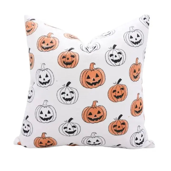 Decorative Handmade Block Printed Thick Cotton White Pillow Cover - Pumpkin