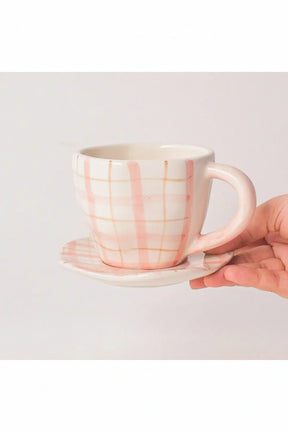 Ceramic Handmade Cute Mug & Coaster Set - Plaid, 2.5 Inches