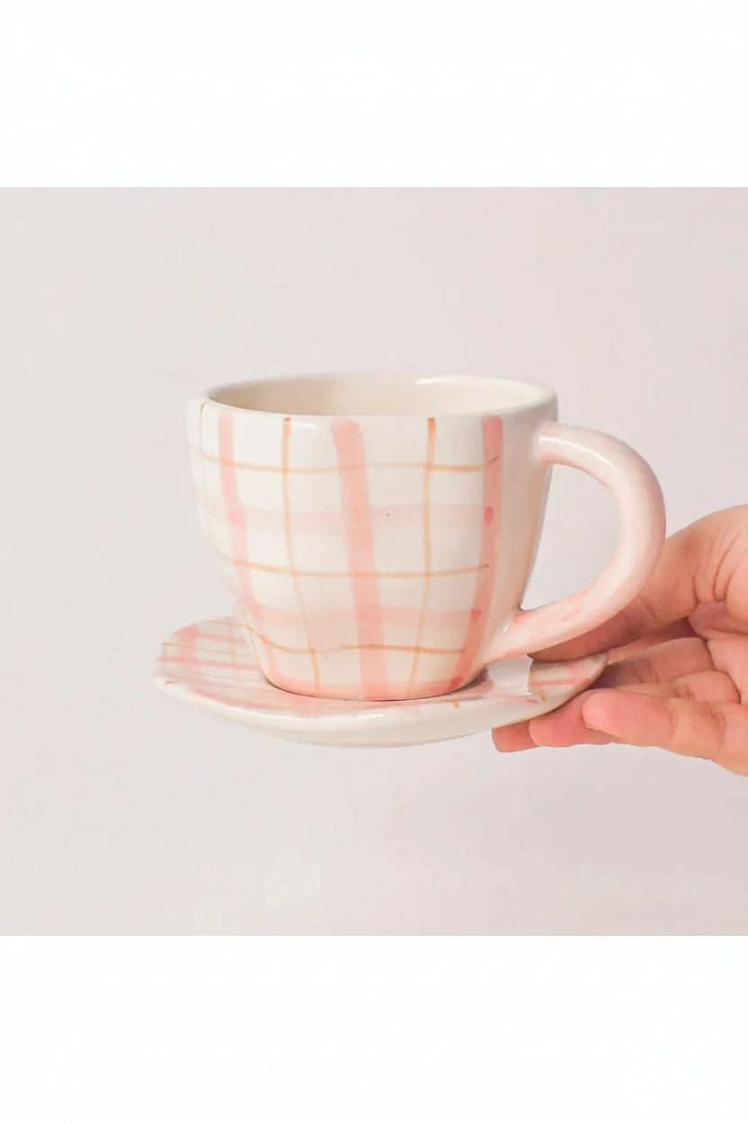 Ceramic Handmade Cute Mug & Coaster Set - Plaid, 2.5 Inches