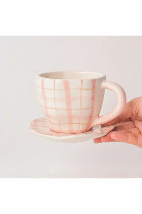 Ceramic Handmade Cute Mug & Coaster Set - Plaid, 2.5 Inches