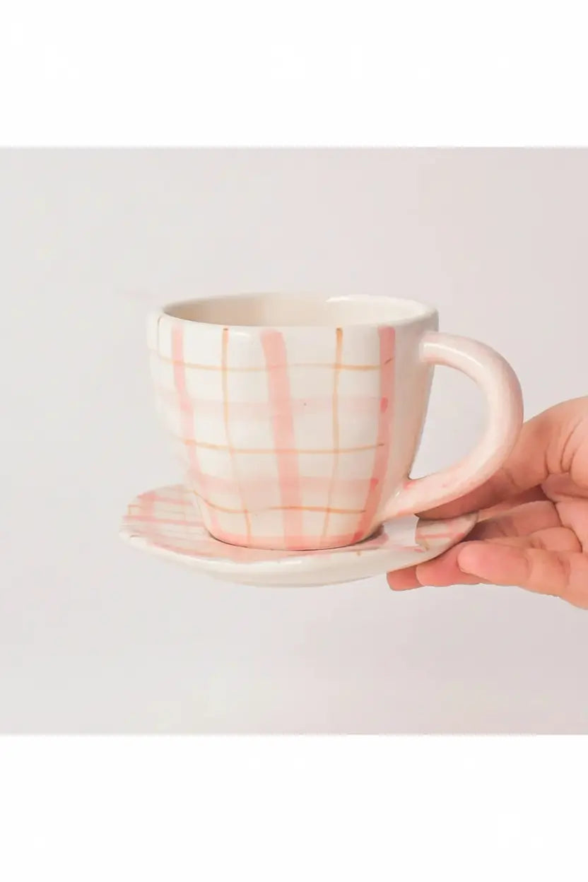 Ceramic Handmade Cute Mug & Coaster Set - Plaid, 2.5 Inches